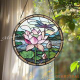 Lotus Flower and Dragonfly Stained Glass Suncatcher Round Window Panel for Zen Garden Decor Tranquil Nature Gift