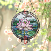 Lotus Flower Stained Glass Suncatcher with Dragonfly Round Window Hanging Panel Zen Nature Decor Asian Inspired Gift