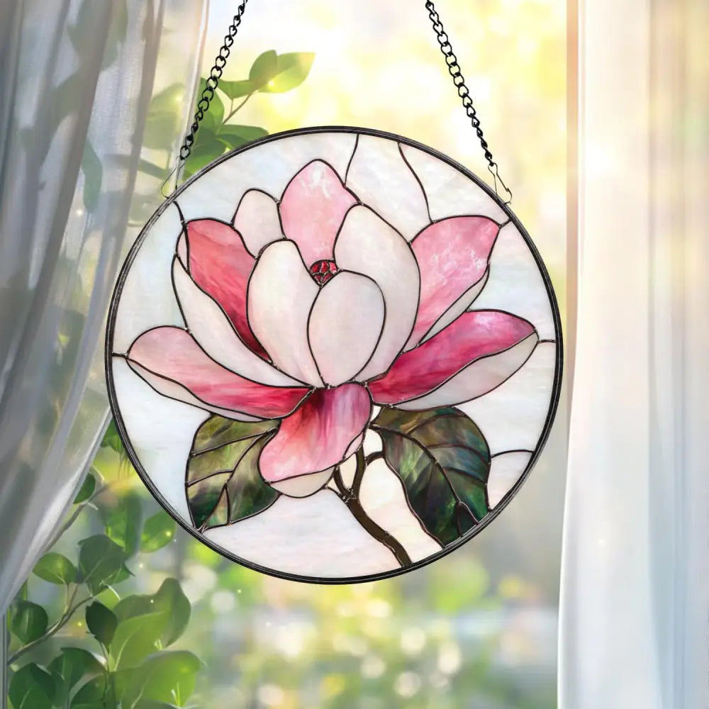 Magnolia Flower Stained Glass Suncatcher – Elegant Floral Window Hanging Romantic Pink Glass Art Gift for Nature and