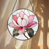 Magnolia Flower Stained Glass Suncatcher – Elegant Floral Window Hanging Romantic Pink Glass Art Gift for Nature and
