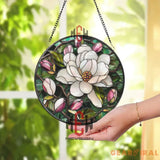 Magnolia Flower Stained Glass Suncatcher Elegant Floral Window Hanging Southern Bloom Glass Panel for Nature-Inspired