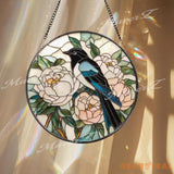 Magpie and Peony Stained Glass Suncatcher Floral Bird Window Panel Good Luck Garden Decor Elegant Nature Round Glass
