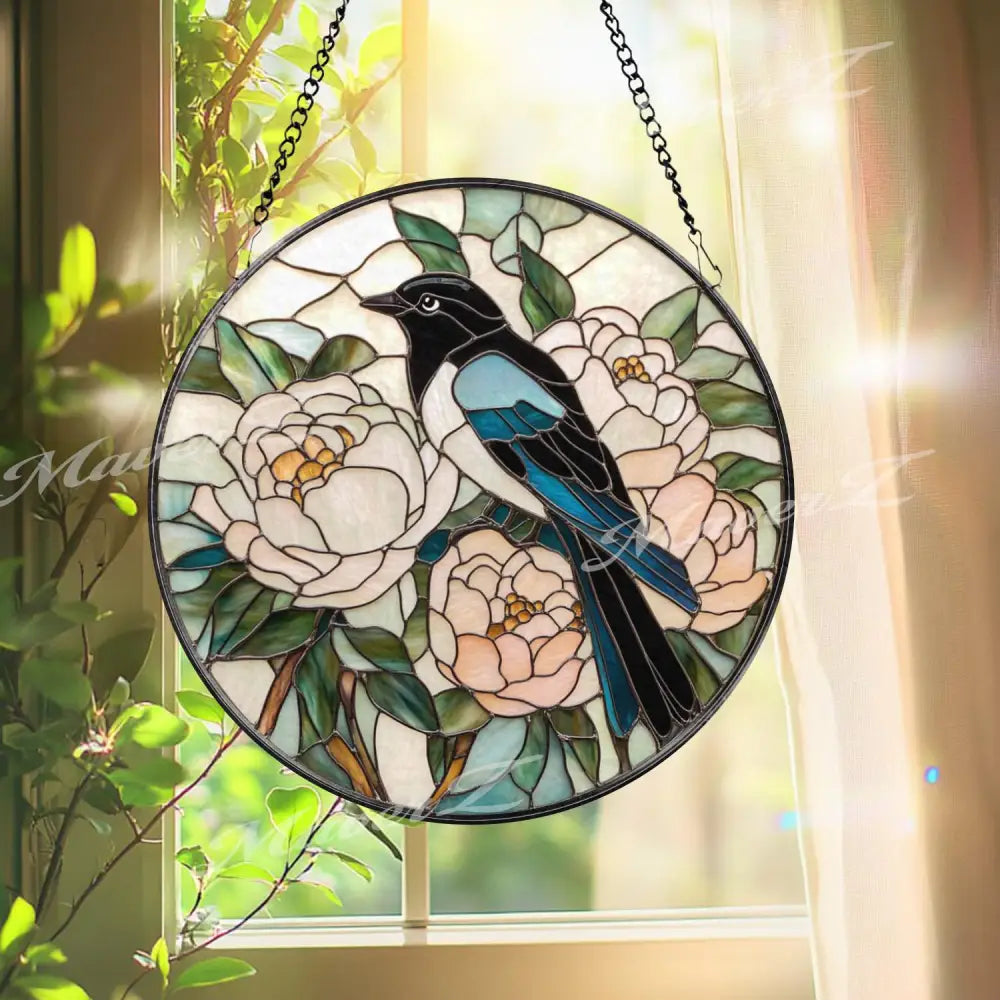 Magpie and Peony Stained Glass Suncatcher Floral Bird Window Panel Good Luck Garden Decor Elegant Nature Round Glass