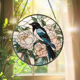 Magpie and Peony Stained Glass Suncatcher Floral Bird Window Panel Good Luck Garden Decor Elegant Nature Round Glass