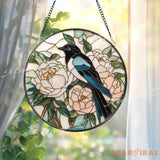 Magpie and Peony Stained Glass Suncatcher Floral Bird Window Panel Good Luck Garden Decor Elegant Nature Round Glass