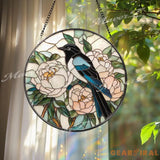 Magpie and Peony Stained Glass Suncatcher Floral Bird Window Panel Good Luck Garden Decor Elegant Nature Round Glass