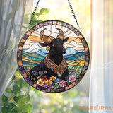 Majestic Bull Stained Glass Suncatcher Floral Highland Window Hanging Boho Farmhouse Animal Decor Gift for Nature Lovers