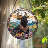 Majestic Bull Stained Glass Suncatcher Floral Highland Window Hanging Boho Farmhouse Animal Decor Gift for Nature Lovers