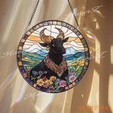Majestic Bull Stained Glass Suncatcher Floral Highland Window Hanging Boho Farmhouse Animal Decor Gift for Nature Lovers