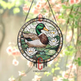 Mallard Duck and Lily Flowers Stained Glass Suncatcher Nature-Themed Window Panel Pond Wildlife Decor for Garden and