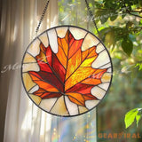 Maple Leaf Stained Glass Suncatcher Autumn Fall Window Hanging Decor Round Glass Leaf Panel Canadian Nature Gift for