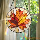 Maple Leaf Stained Glass Suncatcher Autumn Fall Window Hanging Decor Round Glass Leaf Panel Canadian Nature Gift for