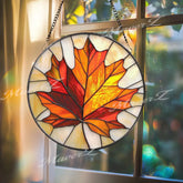 Maple Leaf Stained Glass Suncatcher Autumn Fall Window Hanging Decor Round Glass Leaf Panel Canadian Nature Gift for
