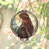 Medieval Princess Stained Glass Suncatcher Fantasy Woman Profile Window Panel Regal Art Nouveau Style Elegant Lady