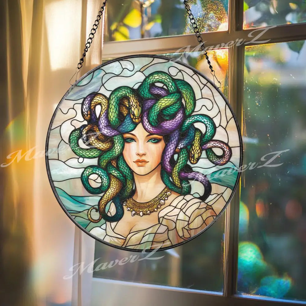 Medusa Stained Glass Suncatcher Mythical Goddess Window Panel Greek Mythology Decor Feminine Serpent Hair Art Gift