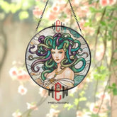 Medusa Stained Glass Suncatcher Mythical Greek Gorgon Window Art Fantasy Goddess Glass Panel Gothic Decor for Mythology