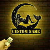 Mermaid On The Moon Metal Sign with LED Lights Custom Mermaid Metal Wall Decor Personalized Mermaid Metal Wall Hanging