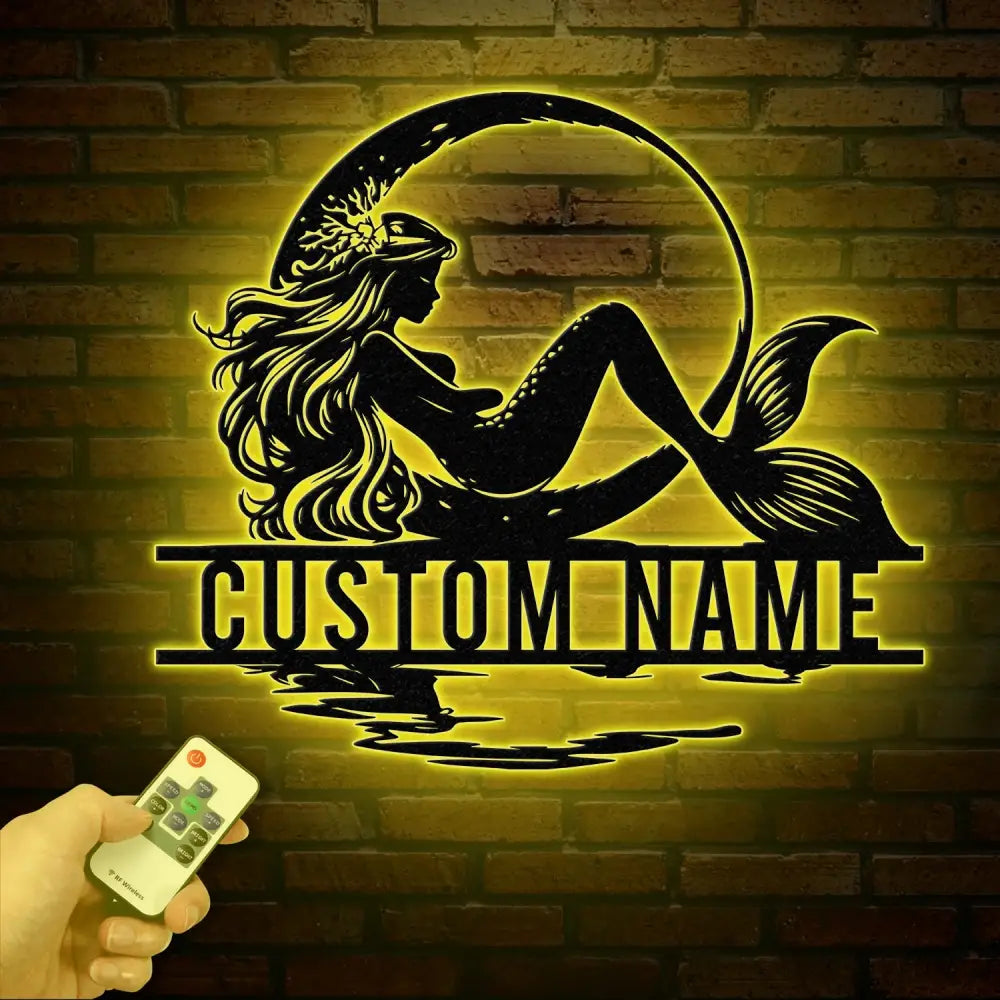Mermaid On The Moon Metal Sign with LED Lights Custom Mermaid Metal Wall Decor Personalized Mermaid Metal Wall Hanging