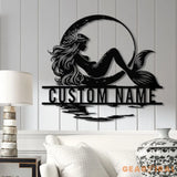 Mermaid On The Moon Metal Sign with LED Lights Custom Mermaid Metal Wall Decor Personalized Mermaid Metal Wall Hanging