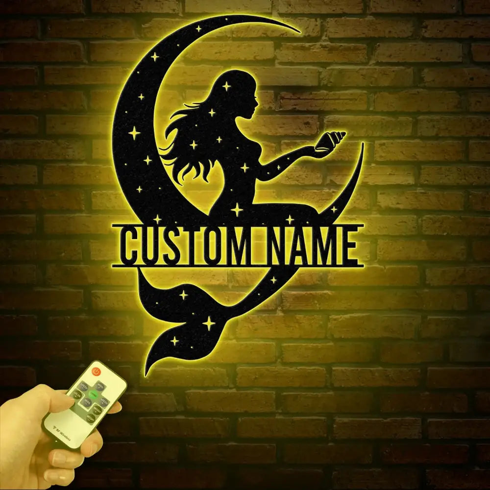 Mermaid On The Moon Metal Sign with LED Lights Custom Mermaid Metal Wall Decor Personalized Mermaid Metal Wall Hanging