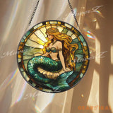Mermaid Princess Stained Glass Suncatcher Golden Hair Ocean Beauty Sea Fantasy Window Hanging Coastal Decor Magical Gift