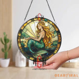 Mermaid Stained Glass Suncatcher Ocean Fantasy Window Hanging Golden Hair Siren Glass Art Sea Lover Decor Mythical Gift