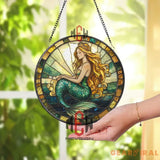 Mermaid Stained Glass Suncatcher Ocean Fantasy Window Hanging Golden Hair Siren Glass Art Sea Lover Decor Mythical Gift