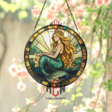 Mermaid Stained Glass Suncatcher Ocean Fantasy Window Hanging Golden Hair Siren Glass Art Sea Lover Decor Mythical Gift