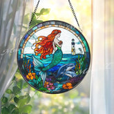Mermaid Stained Glass Suncatcher Ocean Fantasy Window Hanging Panel with Lighthouse & Dolphins Sea Lover Gift for Beach