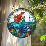 Mermaid Stained Glass Suncatcher Ocean Fantasy Window Hanging Panel with Lighthouse & Dolphins Sea Lover Gift for Beach