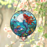 Mermaid Stained Glass Suncatcher Ocean Fantasy Window Hanging Round Glass Panel with Lighthouse Sea Life & Red Hair