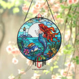 Mermaid Stained Glass Suncatcher Ocean Fantasy Window Hanging Round Glass Panel with Lighthouse Sea Life & Red Hair