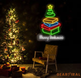 Merry Bookmas Neon Sign - Books Christmas Tree LED Light Merry Christmas Neon Sign Festive Wall Art Book Lover Holiday