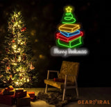 Merry Bookmas Neon Sign - Books Christmas Tree LED Light Merry Christmas Neon Sign Festive Wall Art Book Lover Holiday