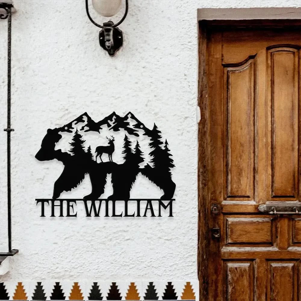 Metal Sign Christmas Bear Family Name Sign Personalized Split Letter Last Name Bear Sign Outdoor Door Bear Monogram