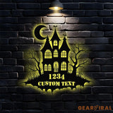 Metal Sign Scary House Halloween Name Sign Personalized Name LED Lights Halloween Sign Outdoor Door Monogram Halloween