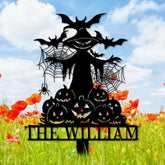 Metal Sign Witch and Pumpkin Halloween Custom Name Metal Stake,Personalized Family Yard Sign Outdoor Door Garden Decor