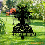Metal Sign Witch and Pumpkin Halloween Custom Name Metal Stake,Personalized Family Yard Sign Outdoor Door Garden Decor
