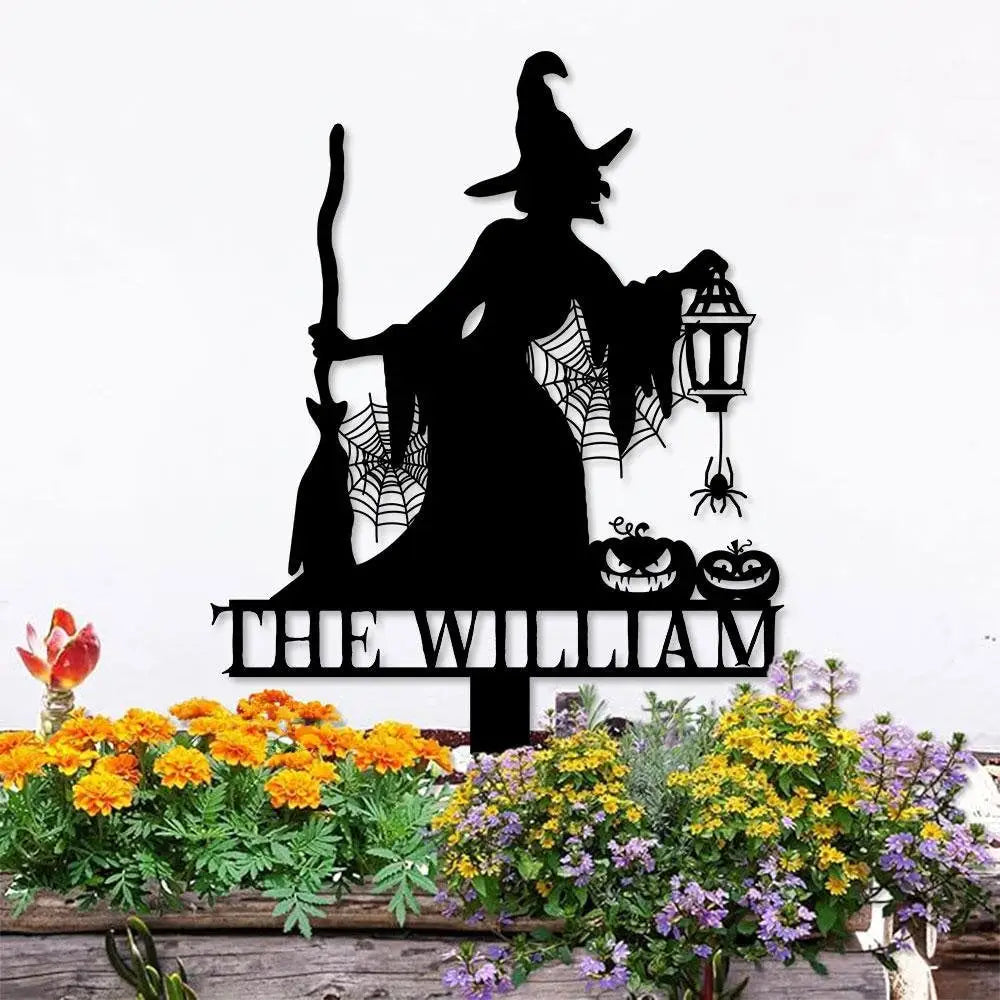 Metal Sign Witch Silhouette Halloween Custom Name Metal Stake,Personalized Family Yard Sign Outdoor Door Garden Decor