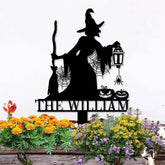 Metal Sign Witch Silhouette Halloween Custom Name Metal Stake,Personalized Family Yard Sign Outdoor Door Garden Decor
