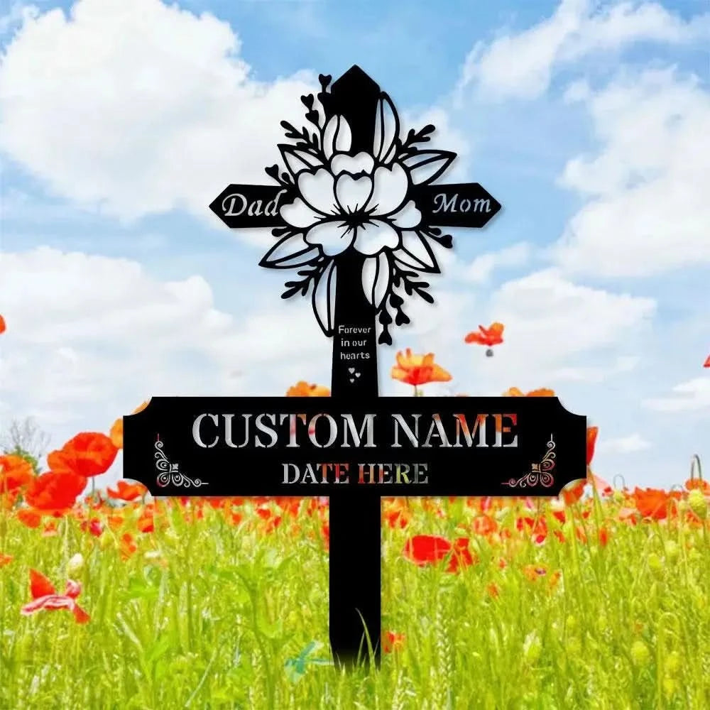 Mom Dad Remembering Plaque with Stake Personalized Metal Garden Marker Memorial Metal Sign Sympathy Gift Grave Marker