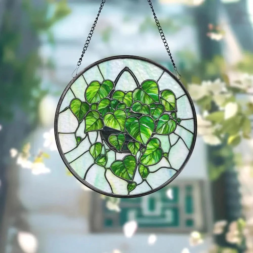 Monstera Leaf Glass Suncatcher Botanical Window Hanging Art Faux Stained Glass Plant Decor Gift for Plant Lovers Indoor