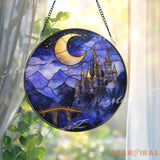 Moonlit Castle Stained Glass Suncatcher Fantasy Night Sky Window Panel Mystical Fairytale Decor for Magic Lovers &