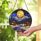 Moonlit Mountain Cabin Stained Glass Suncatcher Winter Forest Window Art Cozy Night Lodge Glass Decor Rustic Nature