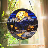 Moonlit Winter Cabin Stained Glass Suncatcher Cozy Snowy Mountain Window Art Rustic Holiday Home Decor Winter Lodge Gift