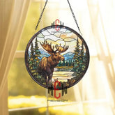 Moose Stained Glass Suncatcher Wildlife Forest Window Hanging Art Round Nature Scene Panel with Lake and Pines Rustic