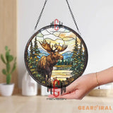 Moose Stained Glass Suncatcher Wildlife Forest Window Hanging Art Round Nature Scene Panel with Lake and Pines Rustic