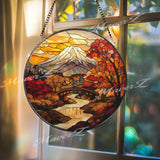 Mount Fuji Autumn Stained Glass Suncatcher Japanese Fall Landscape Window Hanging Round Nature Scene Panel Zen Travel