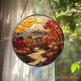 Mount Fuji Autumn Stained Glass Suncatcher Japanese Fall Landscape Window Hanging Round Nature Scene Panel Zen Travel