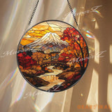 Mount Fuji Autumn Stained Glass Suncatcher Japanese Fall Landscape Window Hanging Round Nature Scene Panel Zen Travel